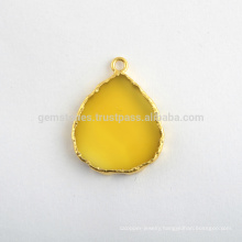 Yellow Chalcedony Slice Gemstone Bezel Charms, Handmade Micron Gold Plated Sterling Silver Bezel Connector and Charm